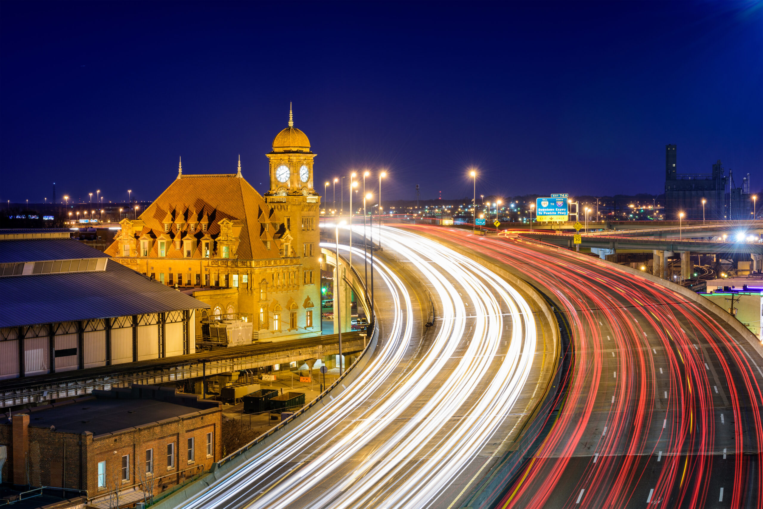 Richmond, Virginia, USA at historic Main Street Station and Interstate 95.