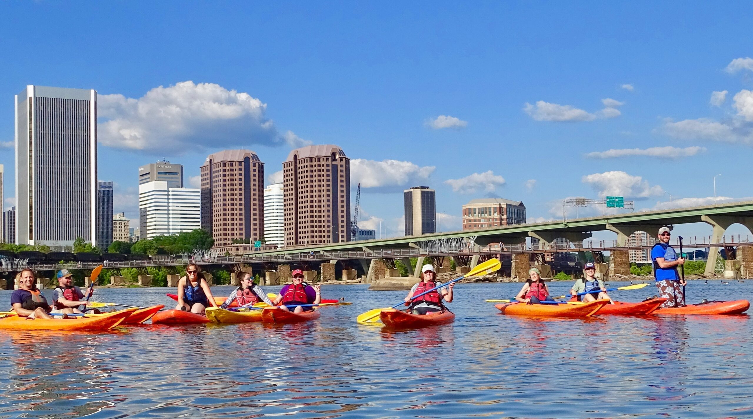 Group of people kayaking on the James River in Richmond
